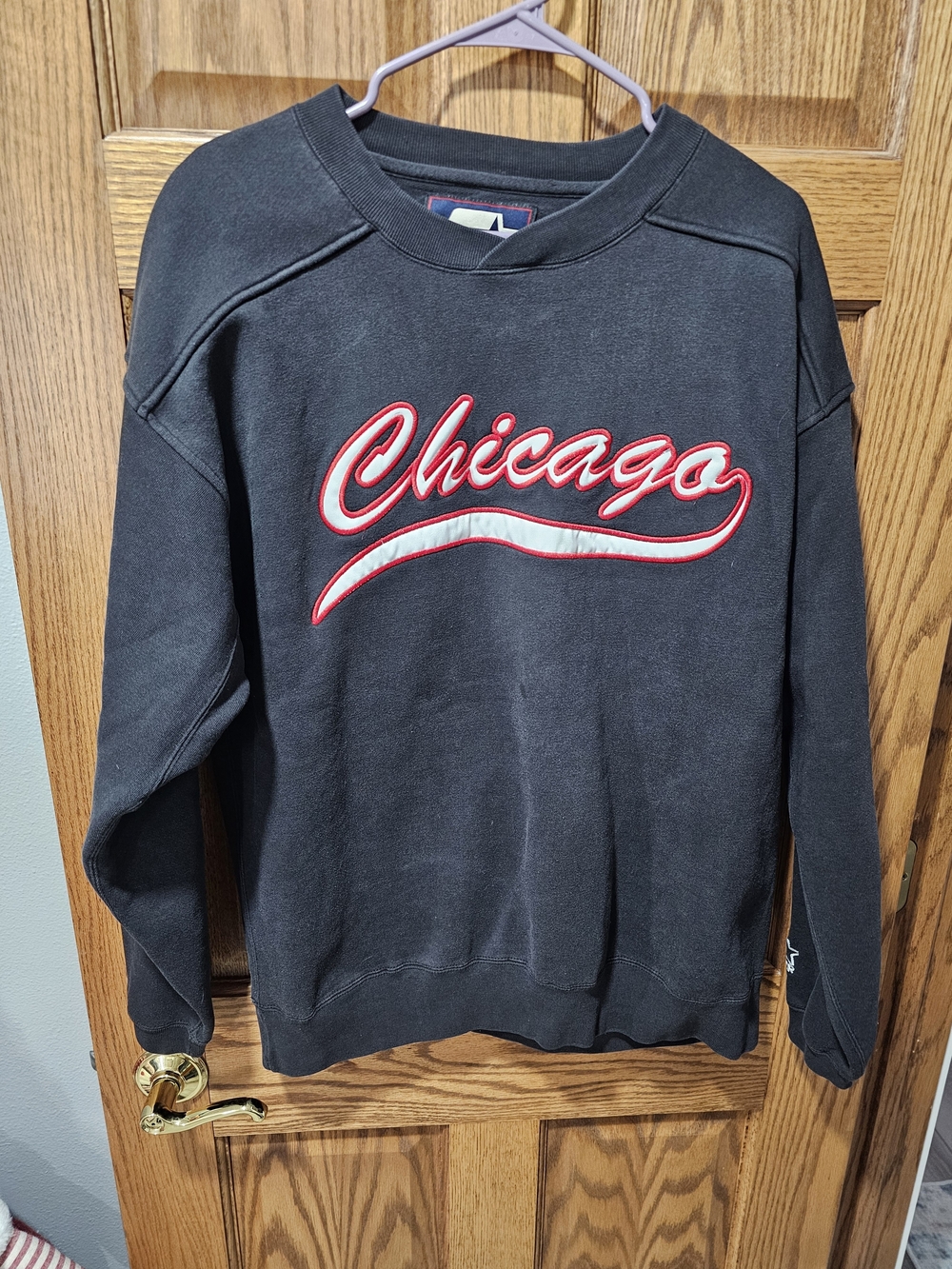 Vintage 90's Chicago Script Pullover Sweatshirt - Black with Red & White Accents